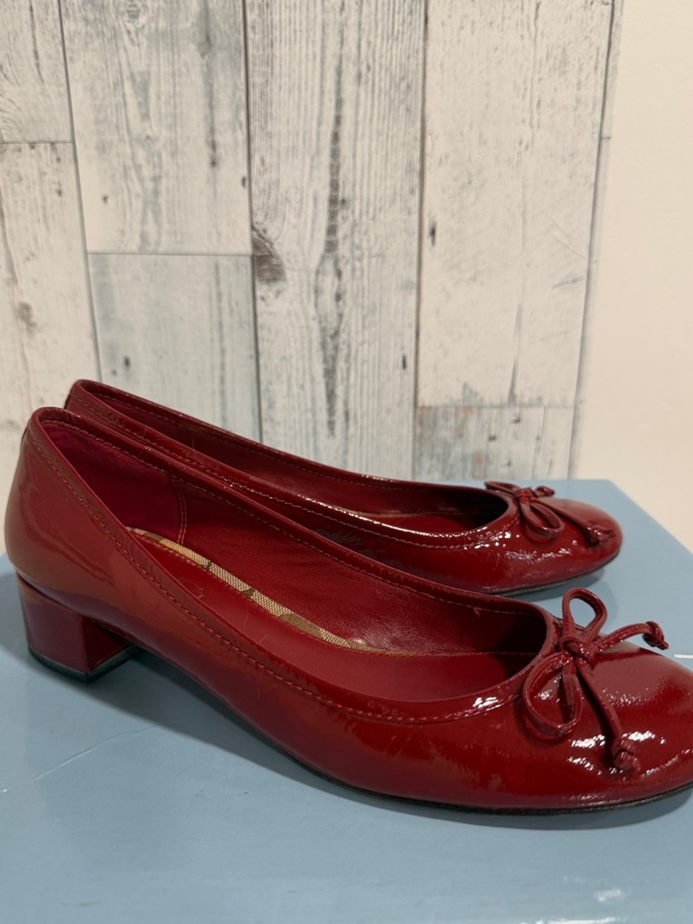Coach Red Patent Low Block Heel Ballet Flats with Bow